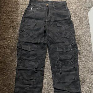 Grey camo cargo pants with multiple pockets